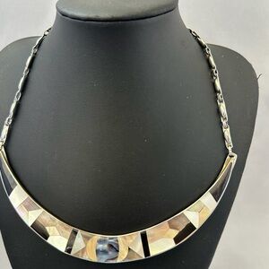 Mother-of-Pearl Inlay Crescent Collar Necklace - Silver Tone